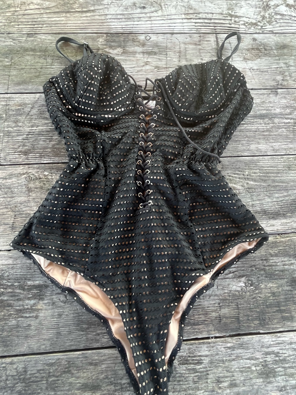 Fleur du Mal Black Lace-Up SWIMSUIT with Nude Lining like new, sz med